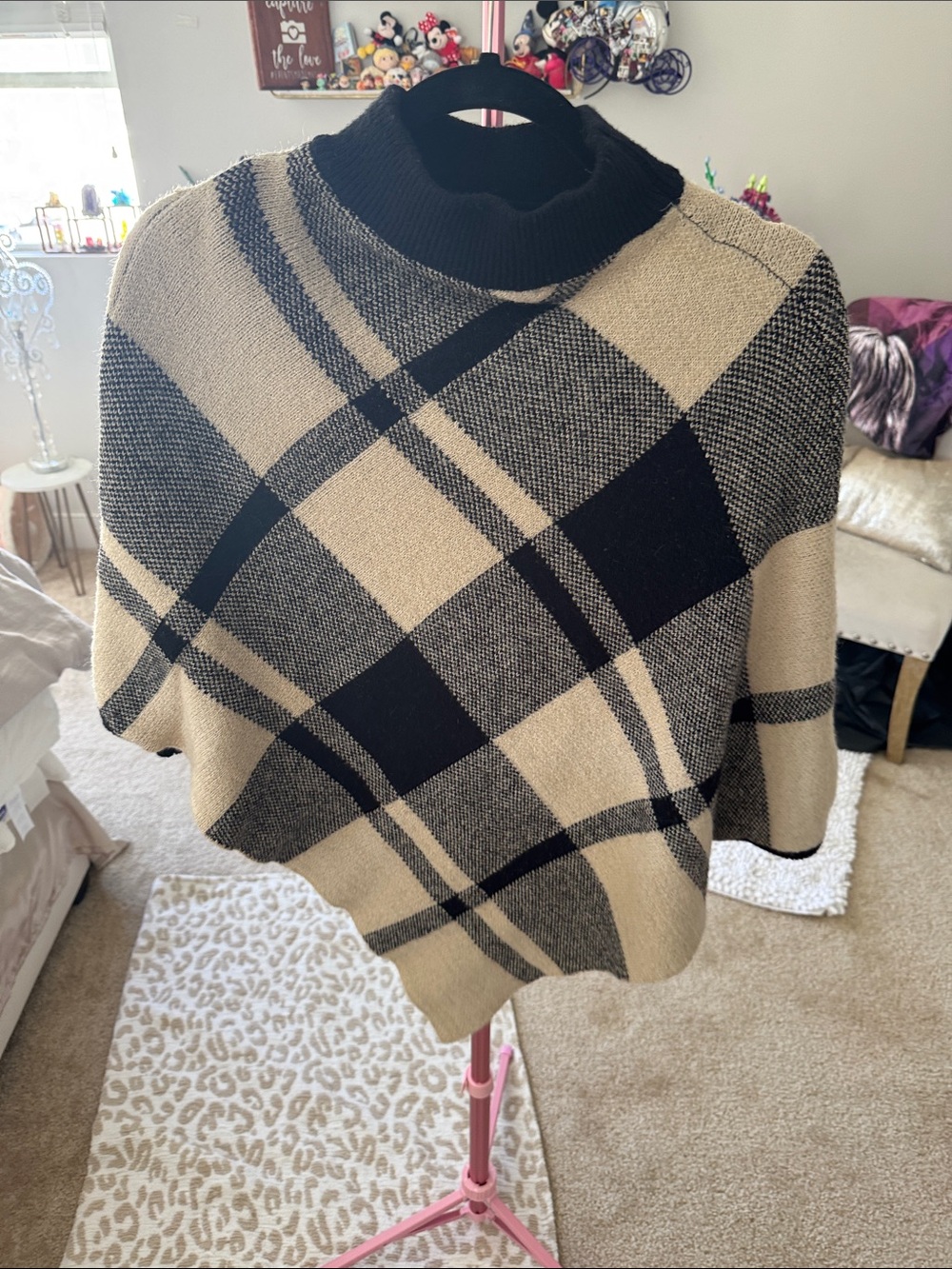 Plaid Turtleneck Poncho Sweater - Black & Cream